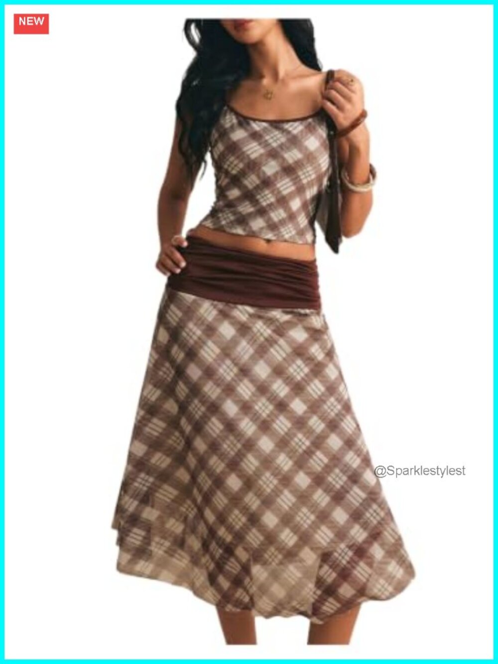 Two Piece Plaid Skirt Set Camisole Crop Top Midi Skirt Co-ord Set